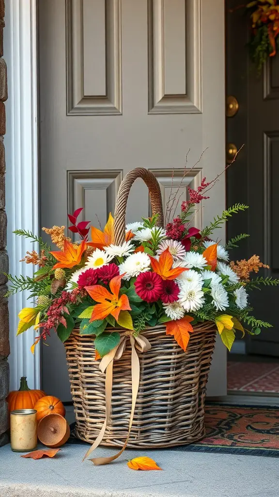 23+ Charming Fall Door Decorations to Welcome the Season 7 A wicker basket filled with colorful fall flowers and leaves, placed at a door entrance.