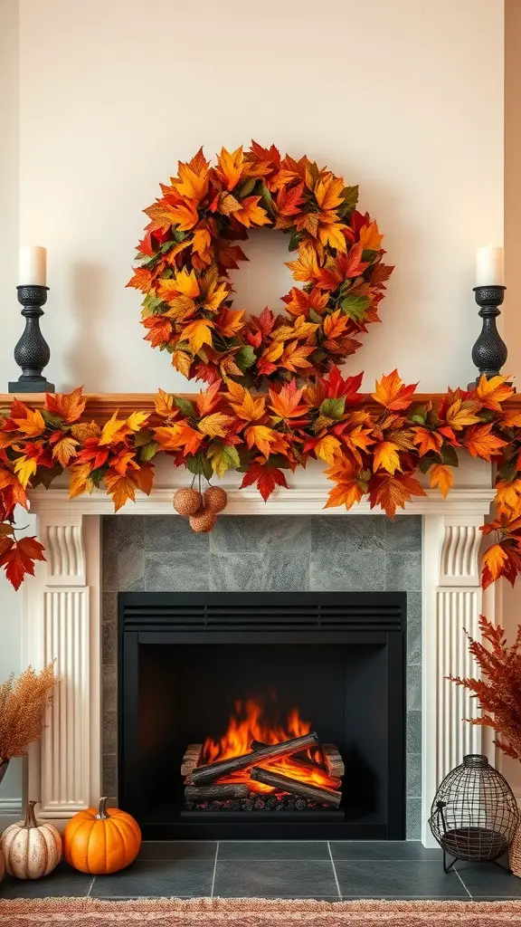 A cozy fireplace decorated with a garland of autumn leaves and a matching wreath.