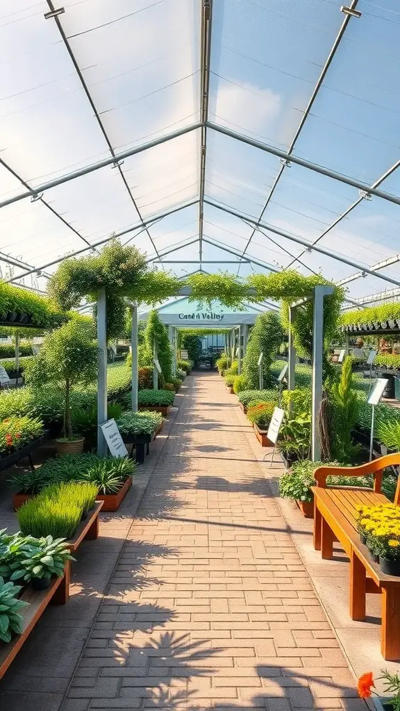 A well-organized garden nursery with a clear path, vibrant plants, and benches for resting.