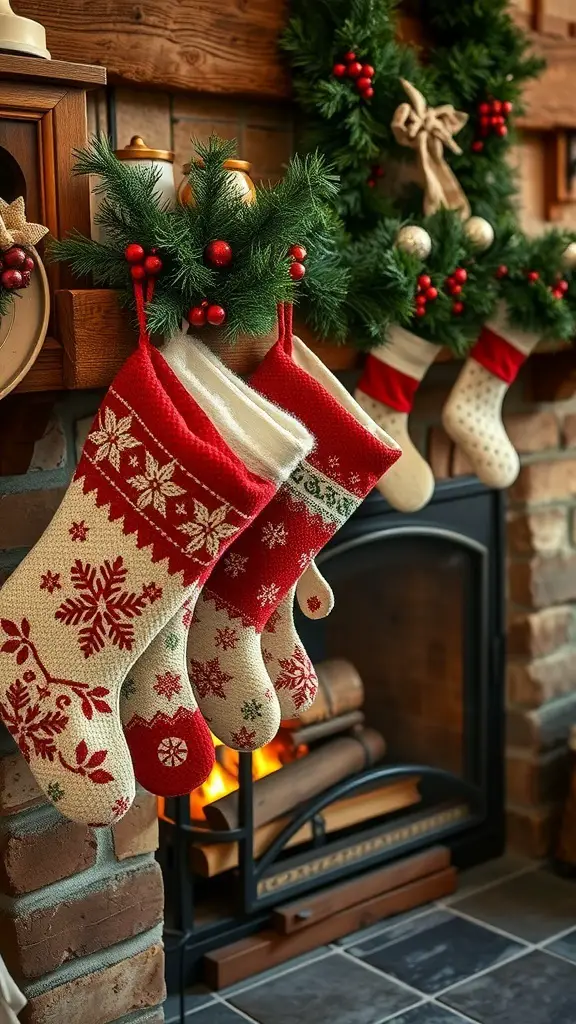 27+ Rustic Farmhouse Christmas Decor Ideas You’ll Love 12 Vintage Christmas stockings hanging by a fireplace with a festive wreath above.