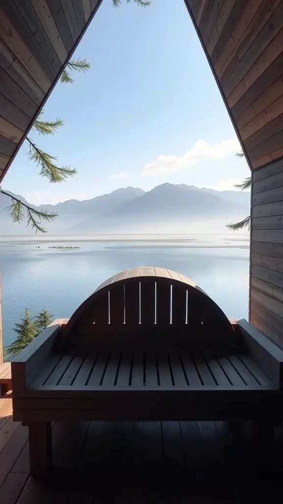 27+ Inspiring Outdoor Sauna Ideas for Your Backyard Retreat 3 A sauna with a view of a calm lake and mountains in the background.
