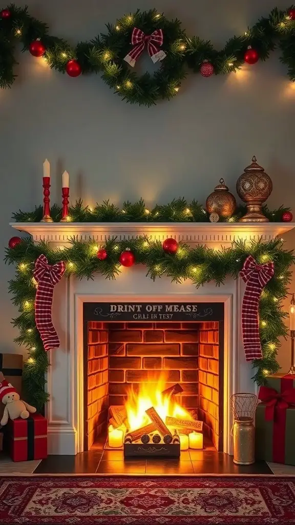 27+ Stylish Fireplace Decor Ideas You’ll Love 14 A cozy holiday-themed fireplace decorated with garlands, ornaments, and candles, featuring a warm fire and a festive atmosphere.