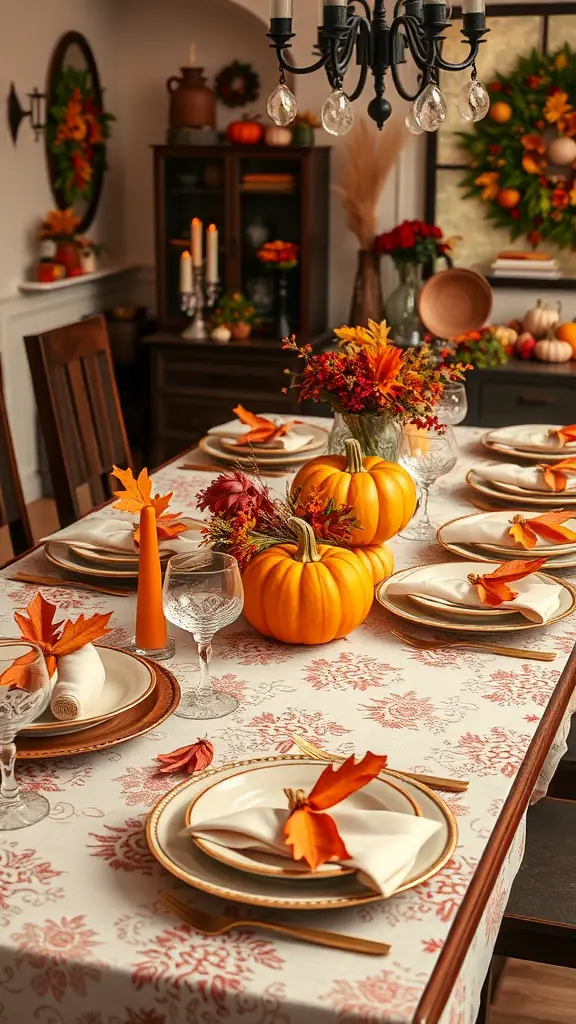 21+ Cozy Fall Decor Ideas from Hobby Lobby 9 A beautifully set fall dining table with pumpkins, flowers, and autumn leaves.