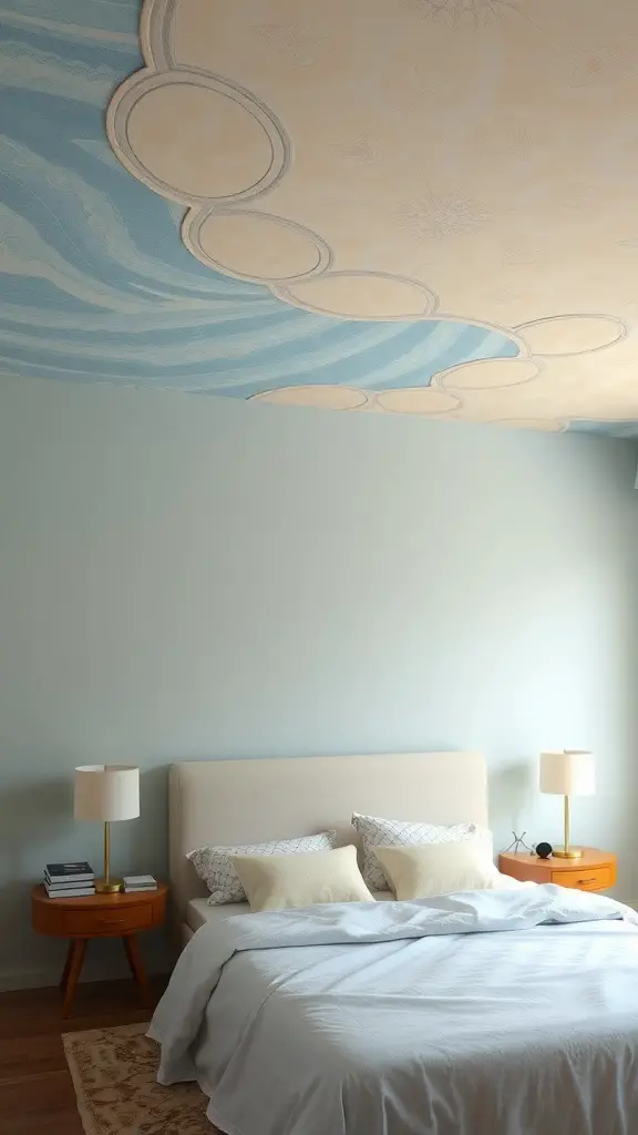 19+ Inspiring Blue and Cream Bedroom Ideas for a Cozy Retreat 16 A blue and cream ceiling design featuring soft waves and circular patterns in a bedroom.