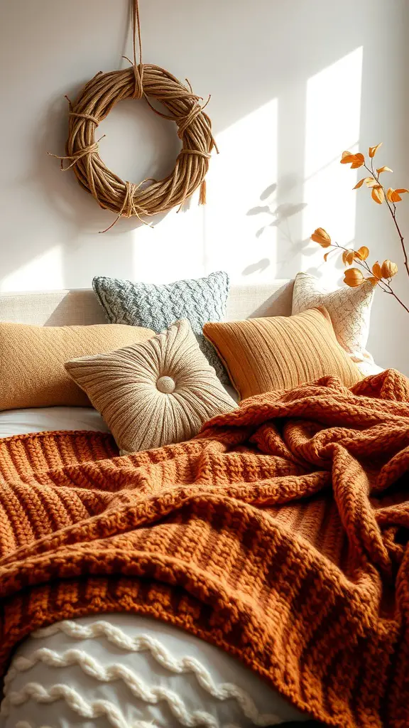 33+ Cozy Fall Bedroom Decor Ideas to Transform Your Space 10 A cozy bedroom setup featuring a chunky orange knit throw, textured pillows, and a decorative wreath.