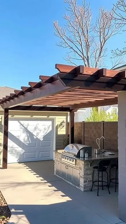 17+ Inspiring Garage Pergola Ideas for Your Outdoor Space 15 Outdoor kitchen space under a wooden pergola with a grill and countertop.