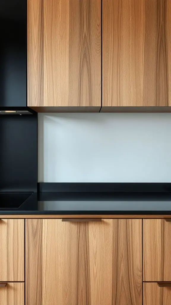 27+ Stunning Black and Natural Wood Kitchen Designs You’ll Love 7 A modern kitchen featuring contrasting black and natural wood cabinetry.