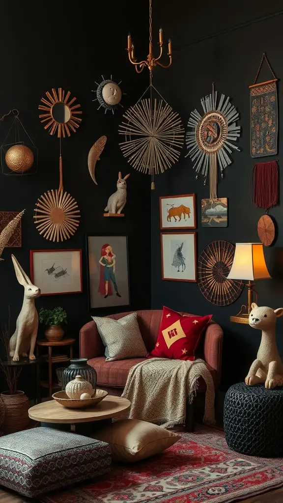 25+ Stunning Dark Feminine Decor Ideas for Your Room 11 A cozy dark feminine room with whimsical decorative accents, featuring a mix of mirrors, animal figurines, and warm lighting.
