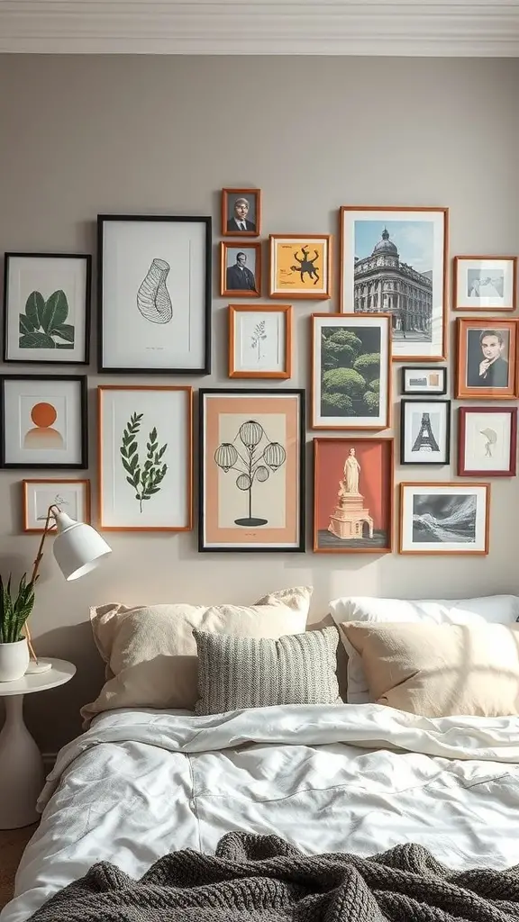 A stylish bedroom with a gallery wall featuring various framed artworks in different styles and colors.