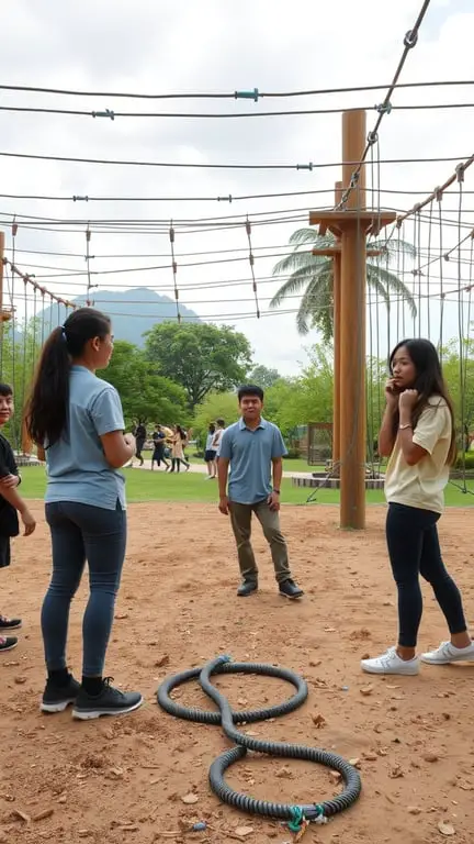 15 Inspiring Outdoor Learning Spaces for Creative Education 13 A group of young people participating in a team-building activity in an outdoor space with a rope course.