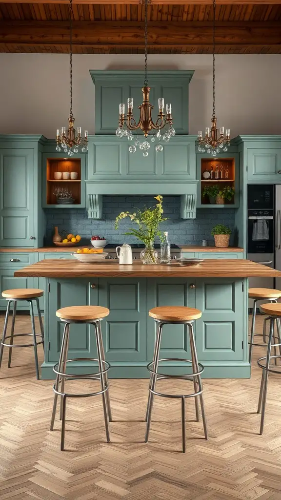 27+ Stunning Sage Green and Wood Kitchen Ideas You’ll Love 8 A kitchen featuring a sage green island with wooden accents and bar stools.