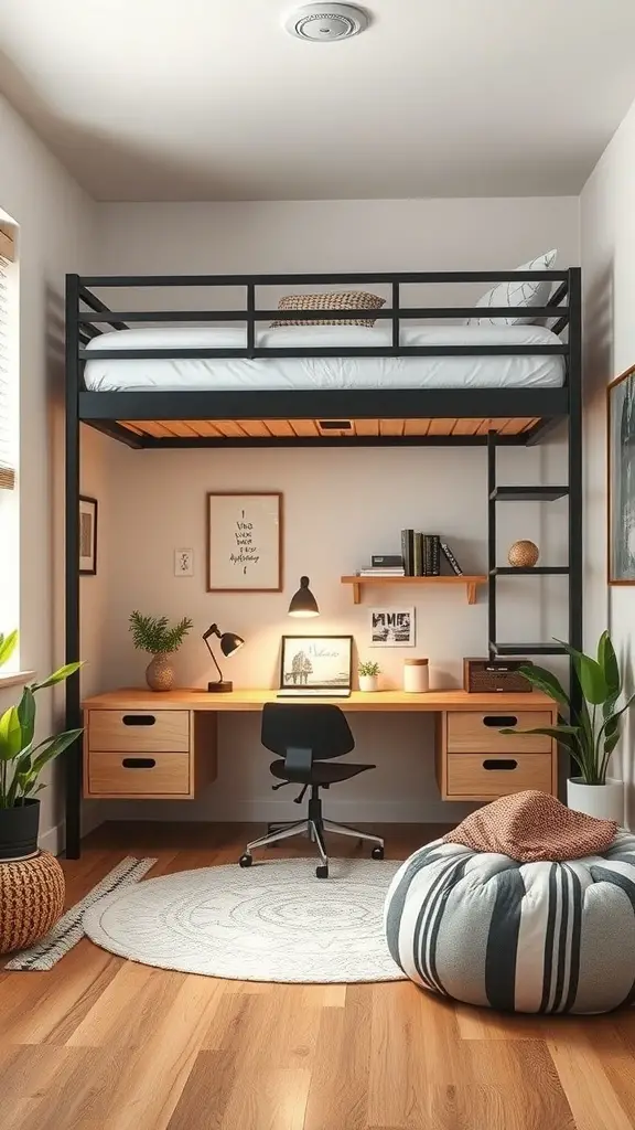 25+ Creative Loft Bed Ideas for Small Rooms 9 A stylish multi-functional loft bed setup in a small room, featuring a workspace underneath.