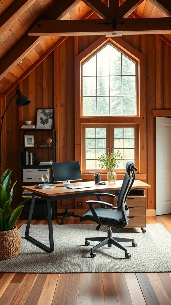 25+ Inspiring Modern Barndominium Ideas You’ll Love 11 Stylish home office in a barndominium with wooden walls, large windows, and modern furniture.