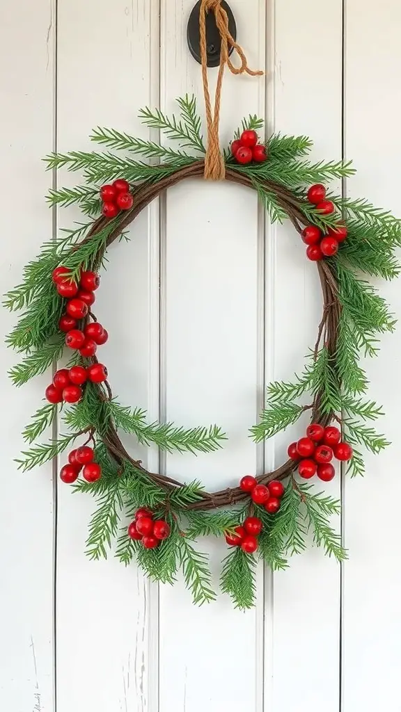 27+ Rustic Farmhouse Christmas Decor Ideas You’ll Love 13 A rustic wreath with red berries and green foliage hanging on a white door.