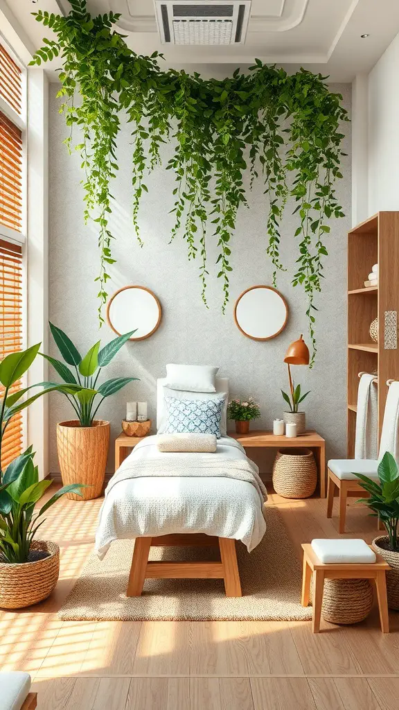 23+ Cozy Small Facial Room Ideas for a Relaxing Retreat 4 A serene small facial room with plants, wooden furniture, and natural light.