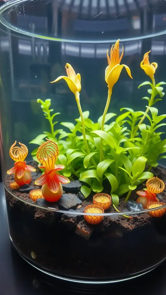 A vibrant terrarium featuring tall yellow flowers and lush green foliage, showcasing a unique aquatic carnivorous plant setup.