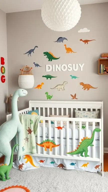27+ Adorable Baby Nursery Ideas for Boys 16 A baby nursery themed with dinosaurs, featuring a crib, colorful dinosaur decals on the wall, and a plush dinosaur toy.