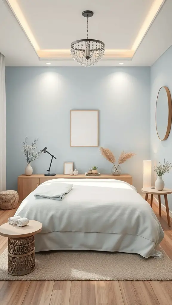 A tranquil bedroom with light blue walls, soft bedding, and warm wooden furniture.