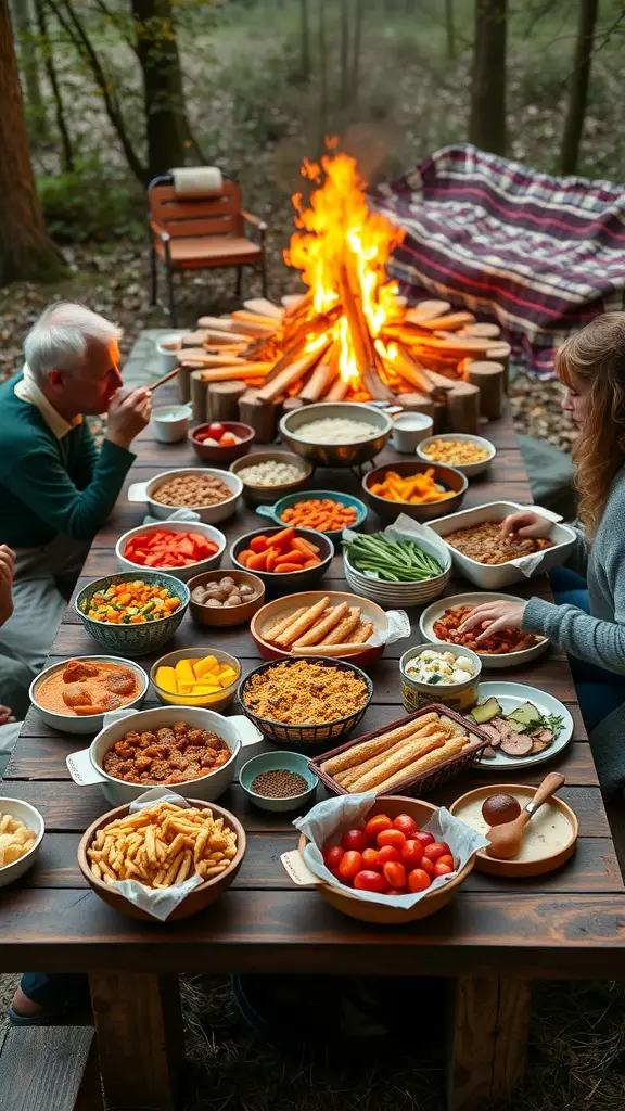 21+ Fun and Creative Bonfire Party Ideas for Unforgettable Nights 16 A cozy bonfire potluck with a variety of seasonal dishes laid out on a wooden table.