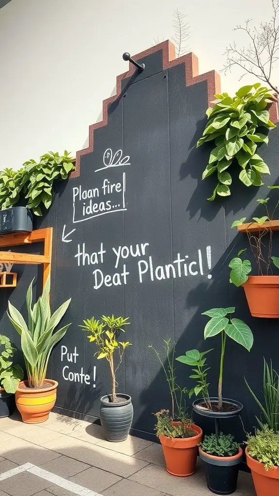 23+ Stunning Garden Mural Ideas to Transform Your Outdoor Space 14 An interactive garden wall featuring a chalkboard surface with plants and pots.