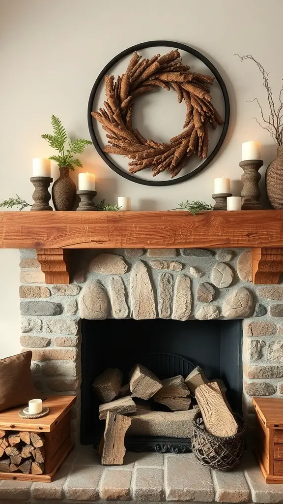 27+ Stylish Fireplace Decor Ideas You’ll Love 10 A rustic fireplace mantel decorated with a wreath, candles, books, and seasonal items.
