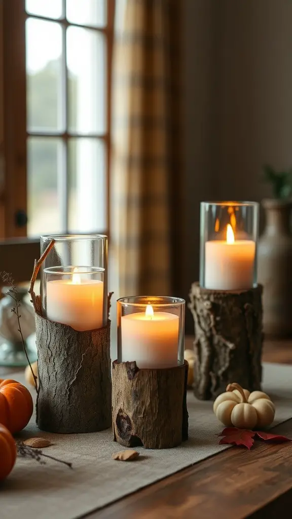 25+ Must-Try Fall Crafts for Adults 7 Autumn-themed candle holders made from tree bark with candles glowing inside, surrounded by small pumpkins and autumn leaves.