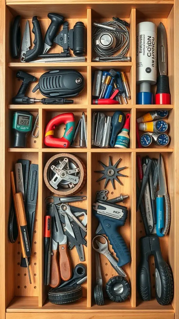 19+ Genius Junk Drawer Organization Ideas You Need to Try 4 A well-organized junk drawer with various tools and gadgets separated by dividers.