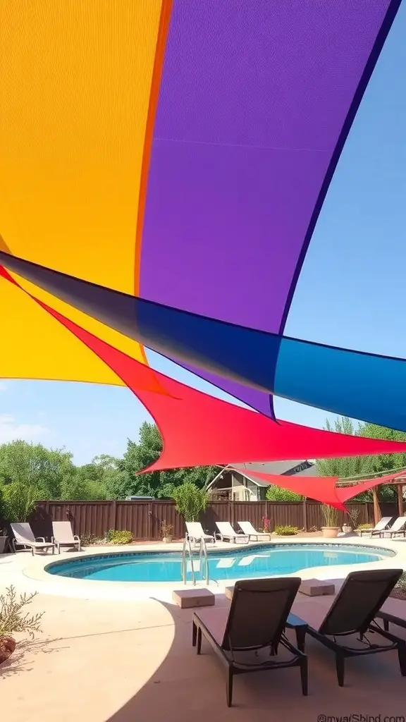 Colorful shade sails over a pool area with lounge chairs