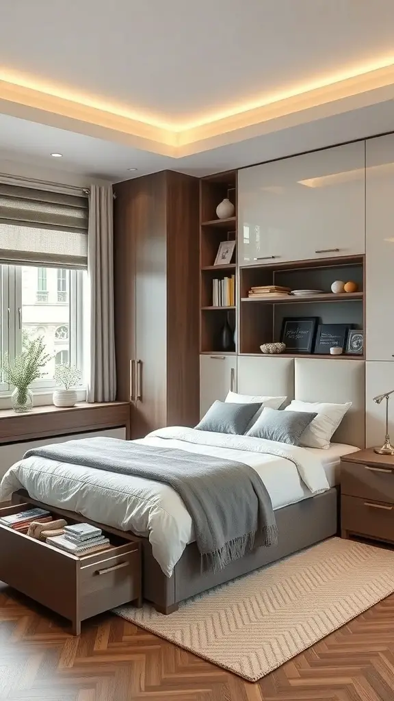 A modern bedroom with smart storage solutions, including under-bed drawers and built-in shelves.