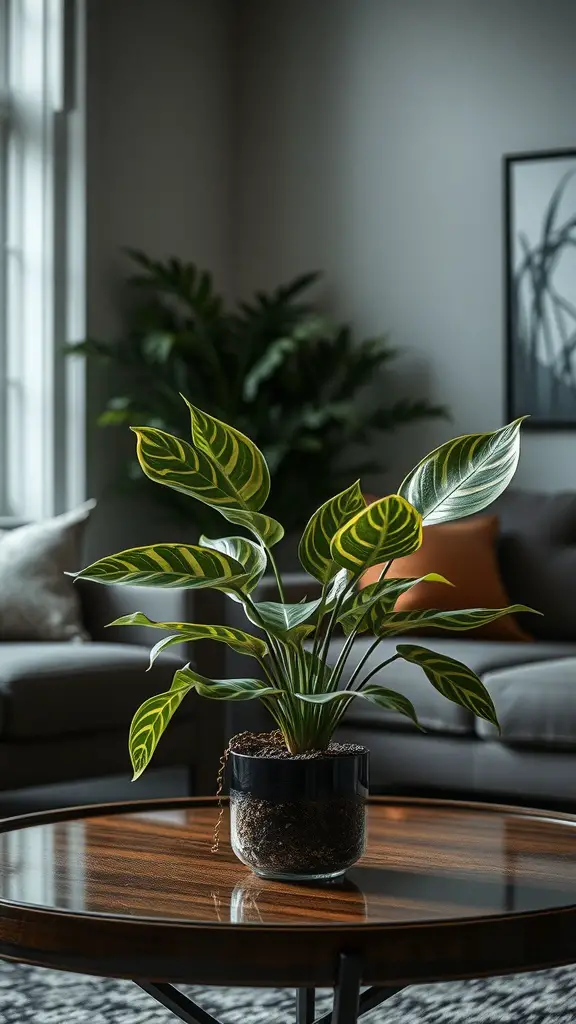 37+ Best Indoor Plants for Low Light Living Spaces 12 A Nerve Plant with intricate leaf patterns on a coffee table, surrounded by a cozy living room setting.