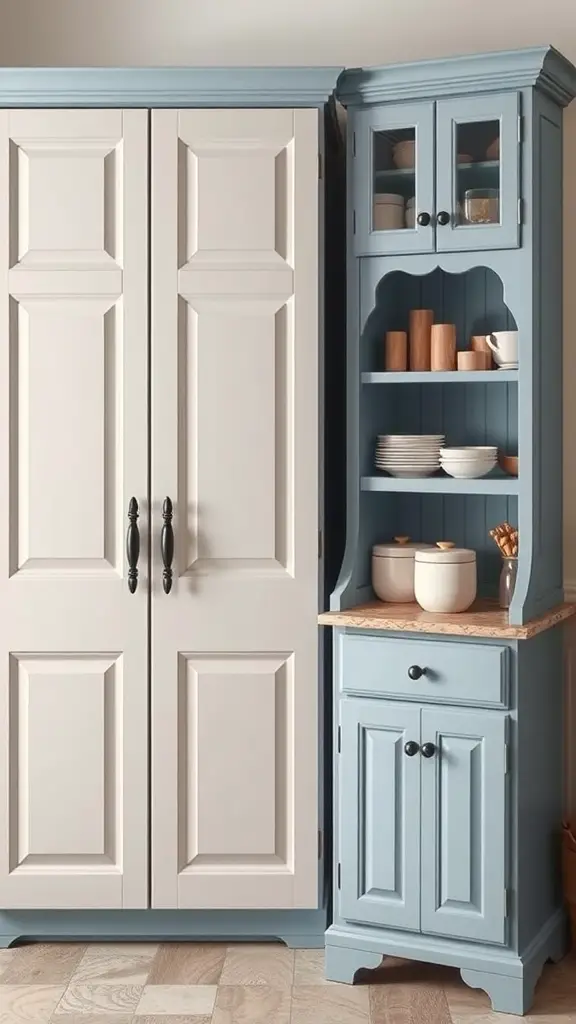 25+ Creative Built-In Pantry Cabinet Wall DIY Ideas 17 A stylish pantry cabinet with a soft blue and creamy white color scheme.