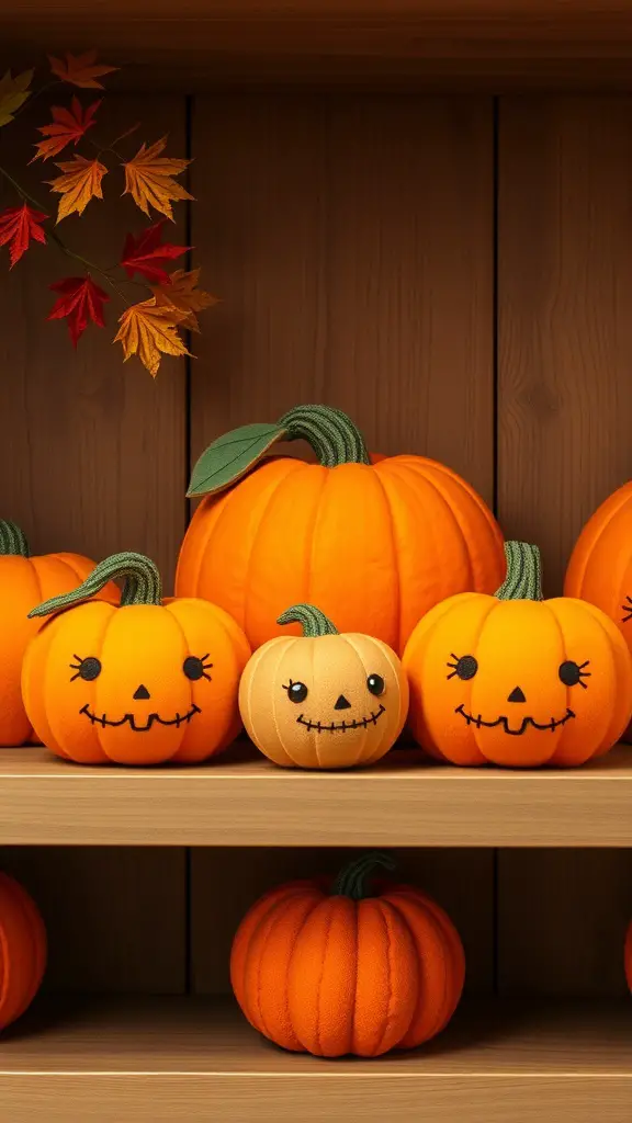 37+ Charming Fall Sewing Projects to Cozy Up Your Home 5 A collection of cute pumpkin plushies with smiling faces on a wooden shelf, surrounded by colorful autumn leaves.