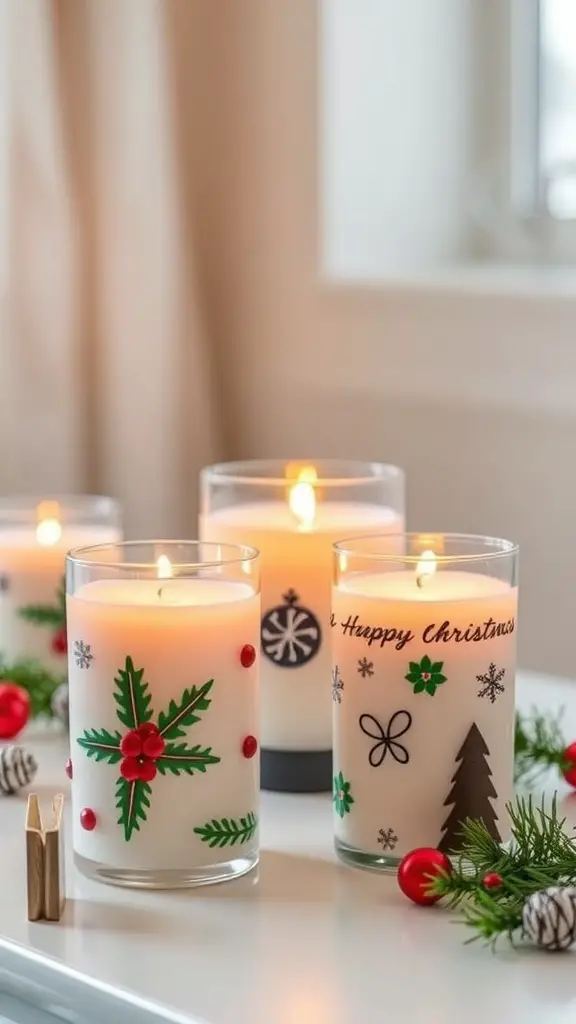 25+ Festive Christmas Craft Ideas to Get You in the Holiday Spirit 13 Decorated Christmas-themed candle holders with festive designs and lit candles
