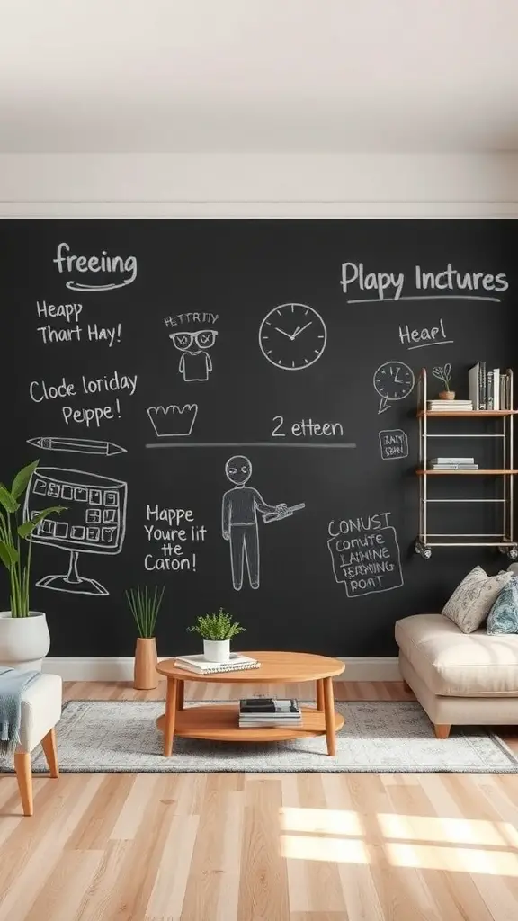 A living room with a chalkboard wall filled with doodles and notes, featuring a cozy sofa and wooden coffee table.
