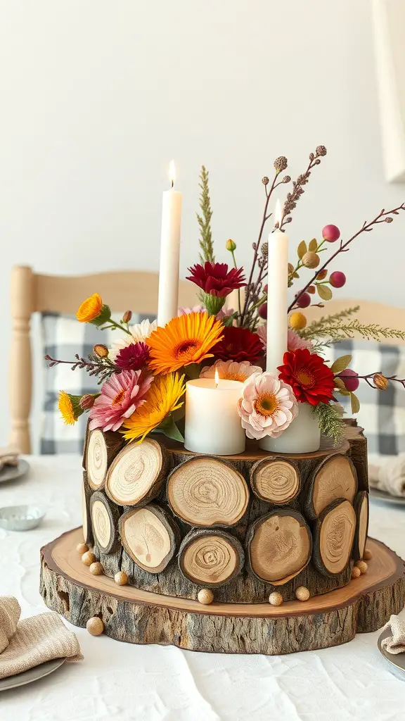 27+ Creative Fall Wood Crafts to Make This Season 10 A rustic wood slice centerpiece with colorful flowers and candles on a table.