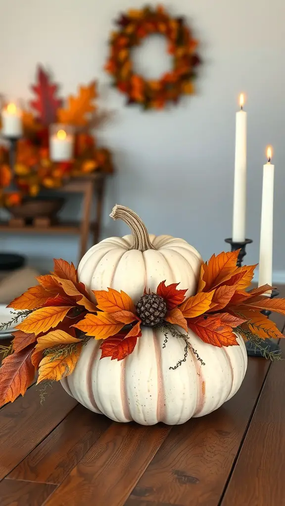 25+ Must-Try Fall Crafts for Adults 9 A rustic pumpkin centerpiece featuring a white pumpkin surrounded by autumn leaves and a pinecone on a wooden table.