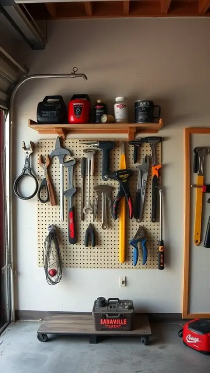 25+ Creative Garage Art Ideas to Transform Your Space 7 A well-organized tool rack with various tools hanging on a pegboard, and containers on a shelf above.