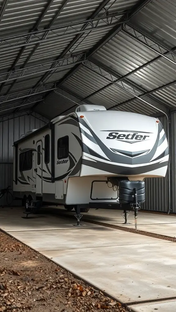 17+ Creative RV Shelter Ideas to Protect Your Home on Wheels 5 A spacious metal garage structure housing a sleek RV.