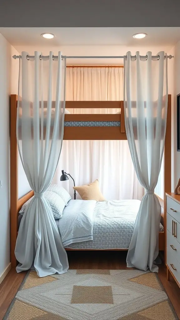 15+ Creative Adult Bunk Bed Ideas for Small Rooms 10 A cozy bedroom featuring a bunk bed with white privacy curtains, a lower bed, and a warm wooden frame.