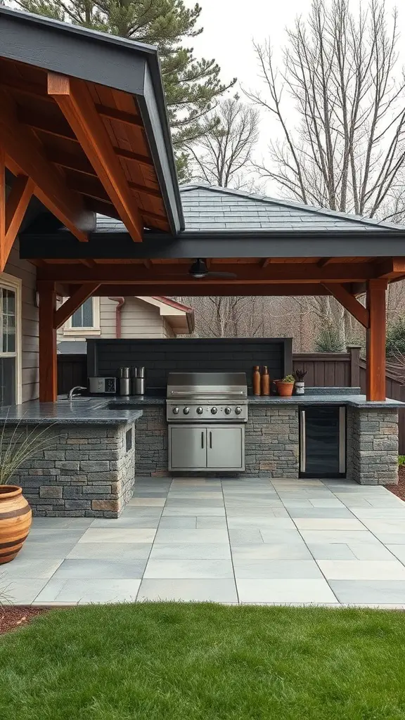 23+ Inspiring Backyard Kitchen Ideas to Elevate Your Outdoor Cooking Experience 6 A stylish weatherproof backyard kitchen with stone countertops and a grill.