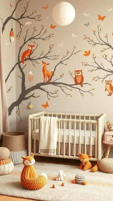 27+ Whimsical Baby Nursery Ideas for a Dreamy Space 14 A whimsical nursery with woodland creature decor, featuring a crib, plush toys, and wall art of owls and foxes.