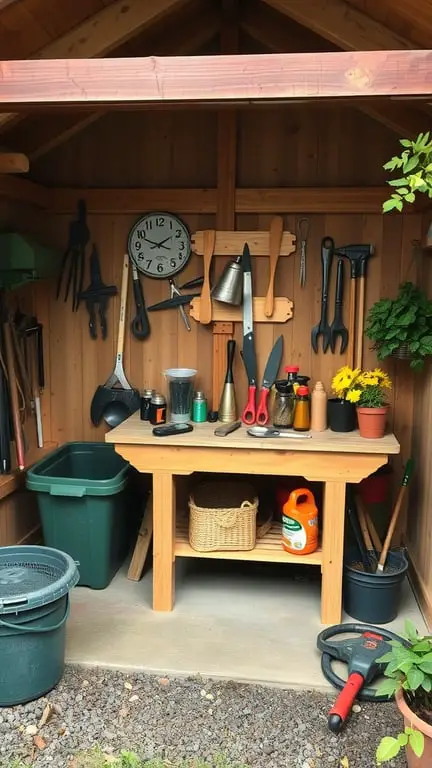 15 Creative DIY Shed Plans for Your Backyard Oasis 14 Interior of a garden tool shed featuring a workbench, tools on the wall, and potted plants.