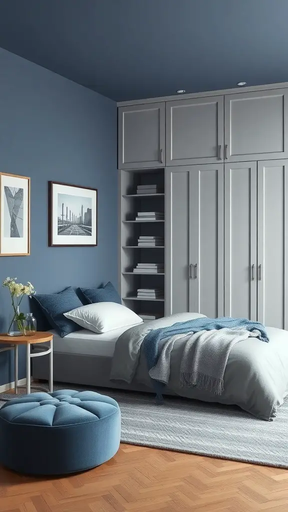 23+ Stunning Blue and Grey Bedroom Ideas You'll Love 10 A stylish blue and grey bedroom featuring storage solutions and decorative elements.