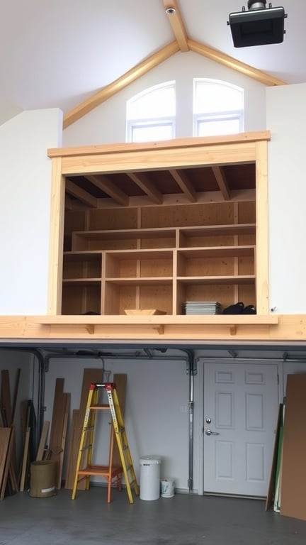 19+ Creative Garage Loft Storage Ideas You Need to Try 6 A garage with a loft storage area featuring wooden shelves and a ladder.
