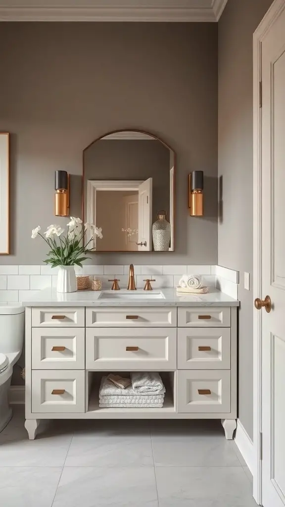 25+ Spa Bathroom Ideas for a Relaxing Retreat at Home 11 A stylish custom vanity in a modern bathroom with light colors and warm metallic accents.