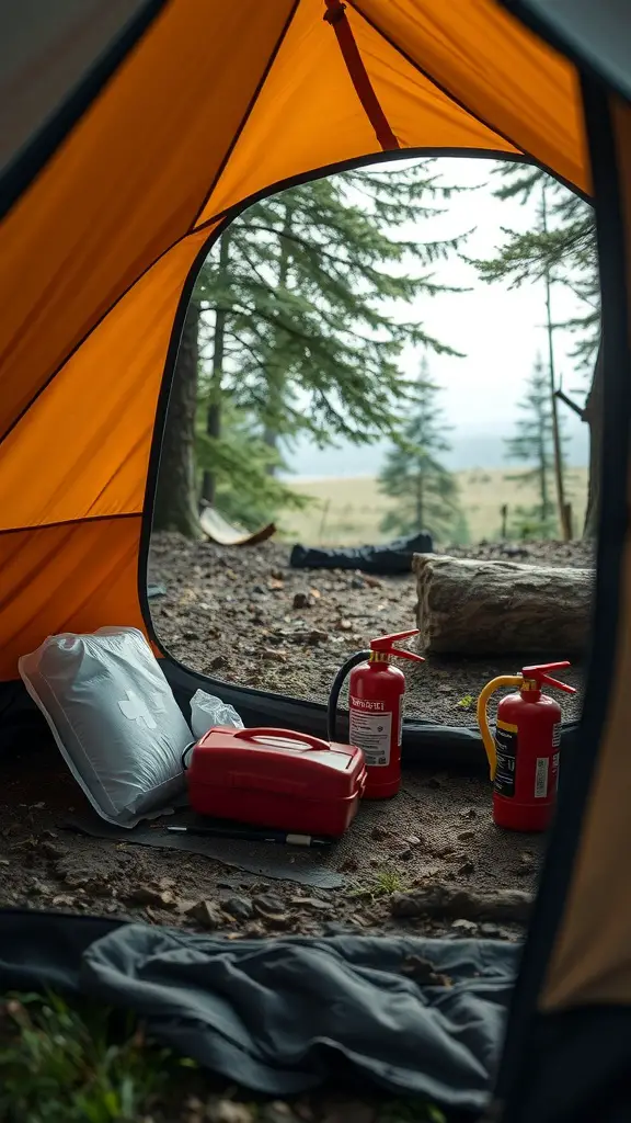25+ Creative Tent Camping Setup Ideas for Your Next Adventure 16 Inside view of a tent showing safety equipment like fire extinguishers and a first aid kit.