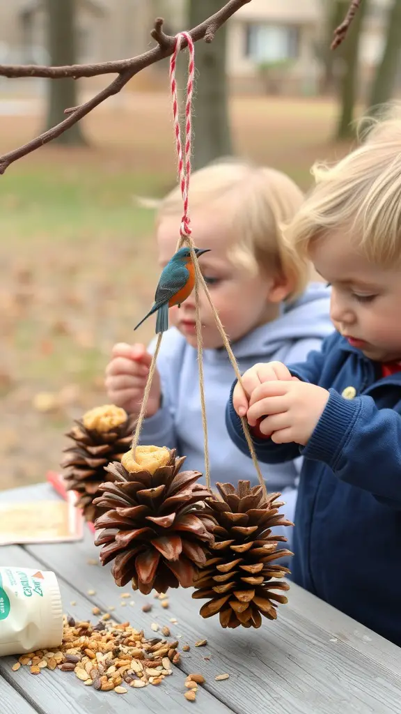25+ Creative Fall Crafts for Toddlers 17 Two toddlers making bird feeders with pinecones, focused on hanging them from a branch.