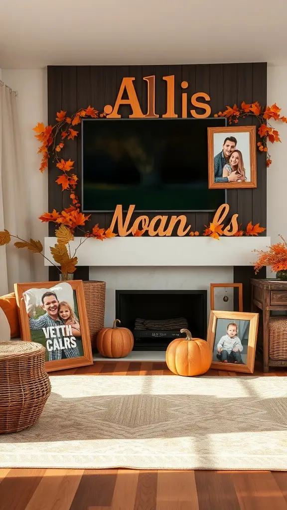 27+ Creative Fall Wood Crafts to Make This Season 17 A cozy living room decorated with wooden photo frames, autumn leaves, and pumpkins, creating a warm fall atmosphere.