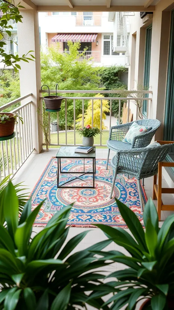 A cozy balcony with a colorful outdoor rug, plants, and seating.