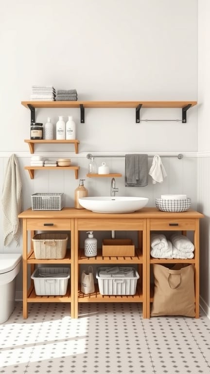 21+ Creative Baby Changing Station Ideas for Every Nursery 15 A stylish and organized baby changing station with wooden shelves and storage baskets.